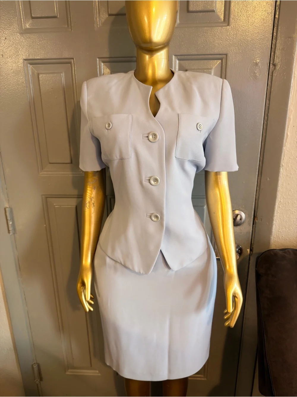 Le Suit Light Blue Two-Piece Skirt Suit